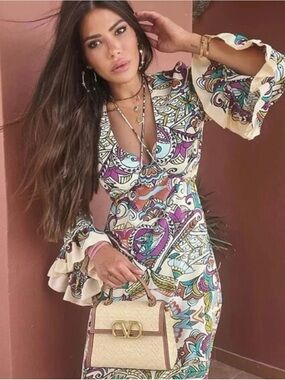 ZARA multicolored midi womens dress v-neckline beaded string tie accent size L